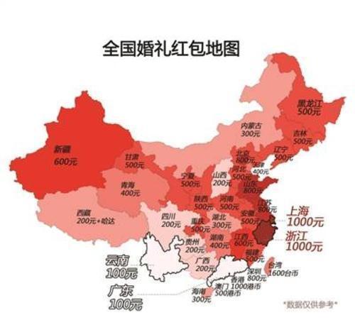 全国婚礼红包地图：浙江上海最大，广东云南最小？你那呢