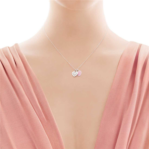 Tiffany & Co./蒂芙尼 女式925纯银粉色时尚双心珐琅项链 16寸 TBDZ0079