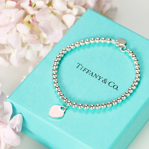 Tiffany & Co./蒂芙尼 女式纯银粉色心形小珠Bead珐琅手链 6.5英寸 TGRP03577