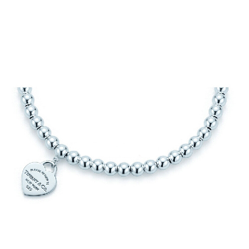 Tiffany & Co./蒂芙尼 女式纯银银色心形小珠Bead珐琅手链 7英寸 TGRP02587